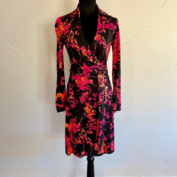DVF Floral Wrap Dress - Black and Pink - Picture 1 of 5